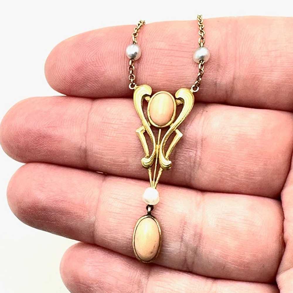 Antique 14k Yellow Gold Angel Skin Coral Lavalier… - image 1