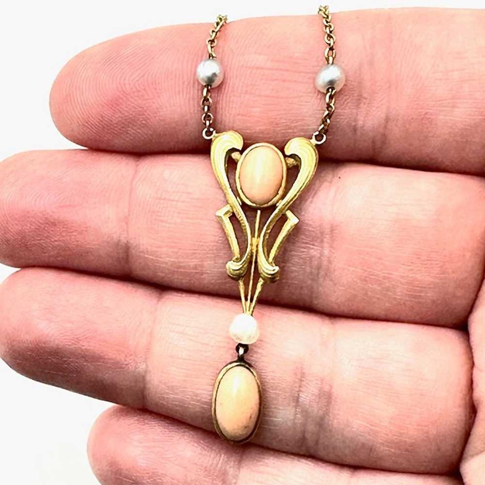 Antique 14k Yellow Gold Angel Skin Coral Lavalier… - image 7