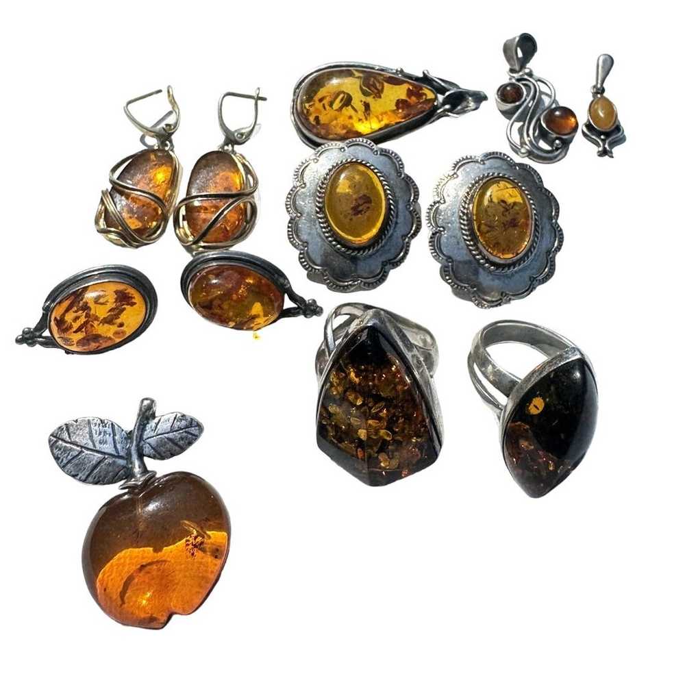 Lot of 9 Amber Sterling Silver Jewelry - Vintage … - image 1