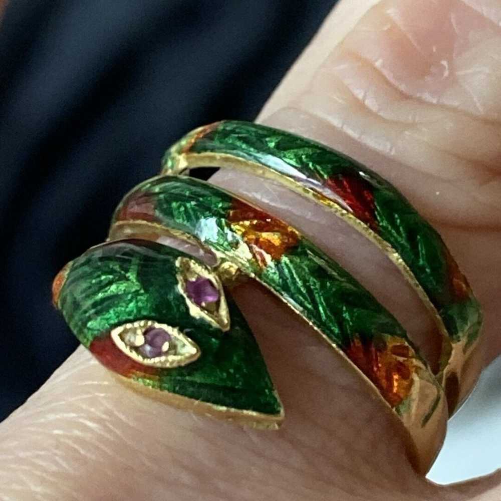 18K Yellow Gold & Enamel Coiled Snake Ring Size 6 - image 1