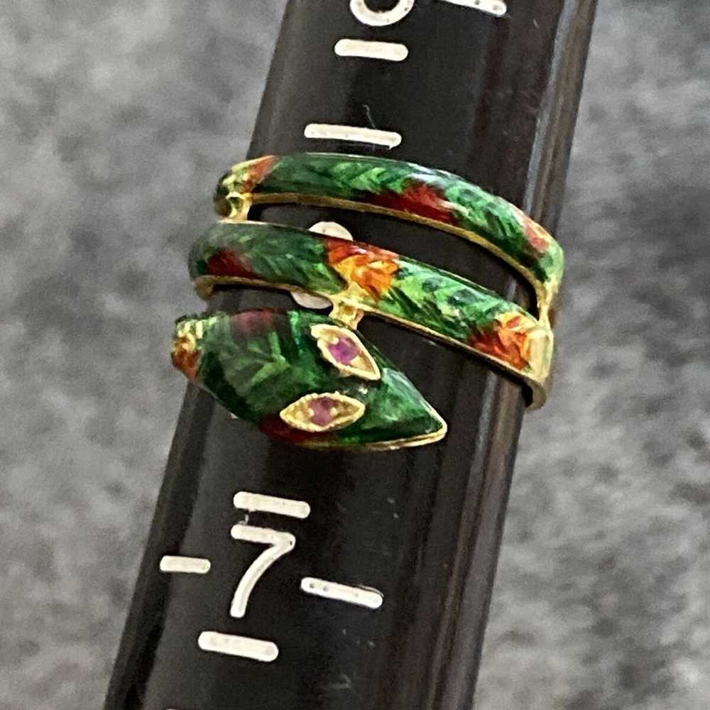 18K Yellow Gold & Enamel Coiled Snake Ring Size 6 - image 3