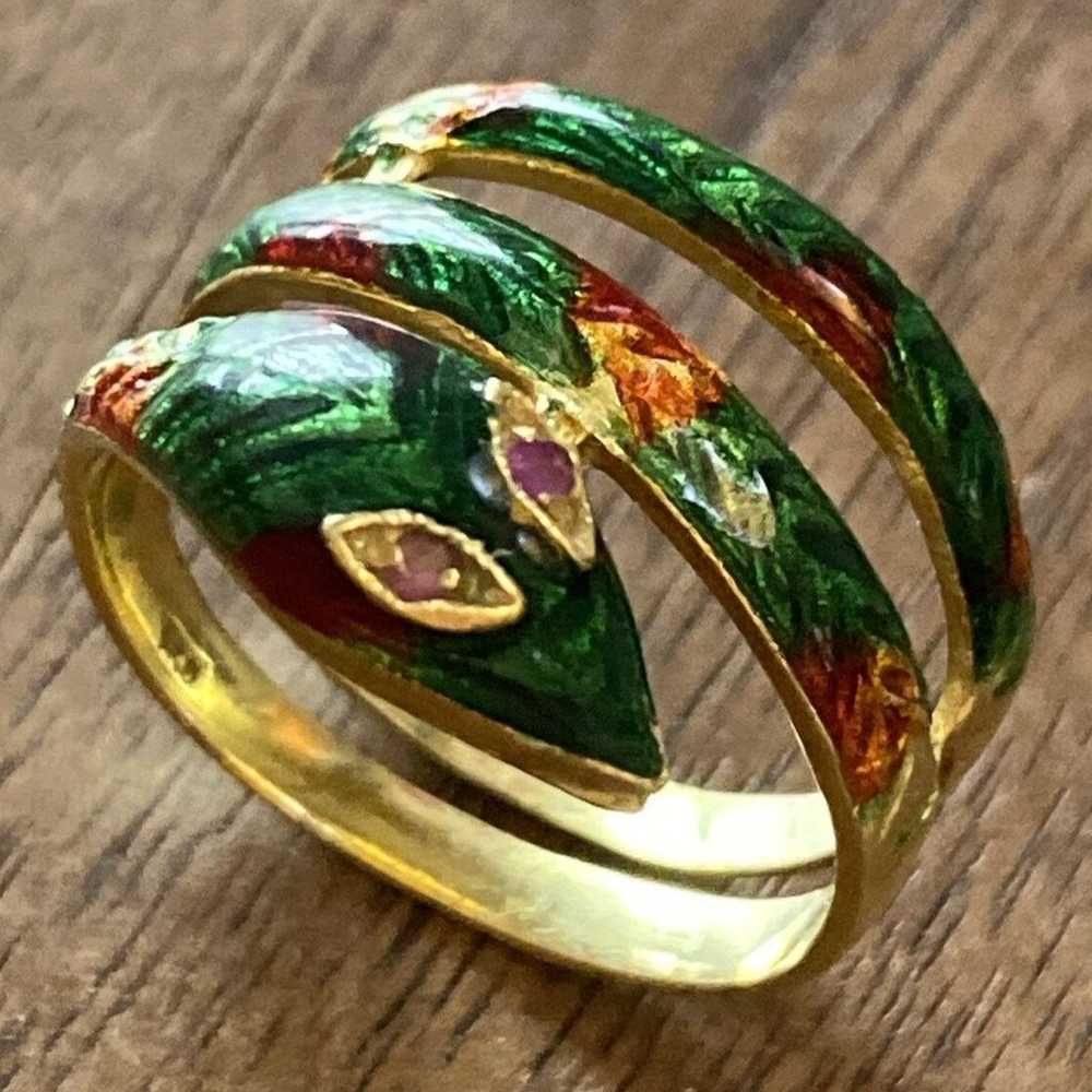 18K Yellow Gold & Enamel Coiled Snake Ring Size 6 - image 4