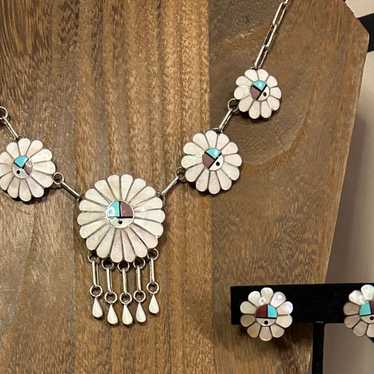 Vintage Zuni Sterling Silver Sunface Necklace Set - image 1