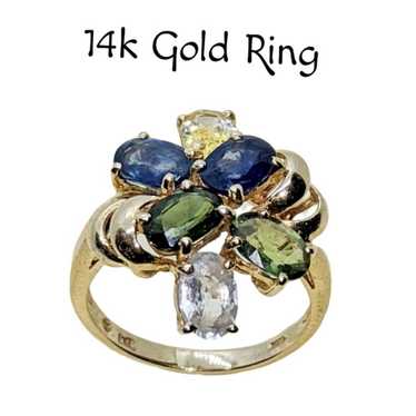 14k Gold ~ Asymmetrical Ring with Peridot, Sapphi… - image 1