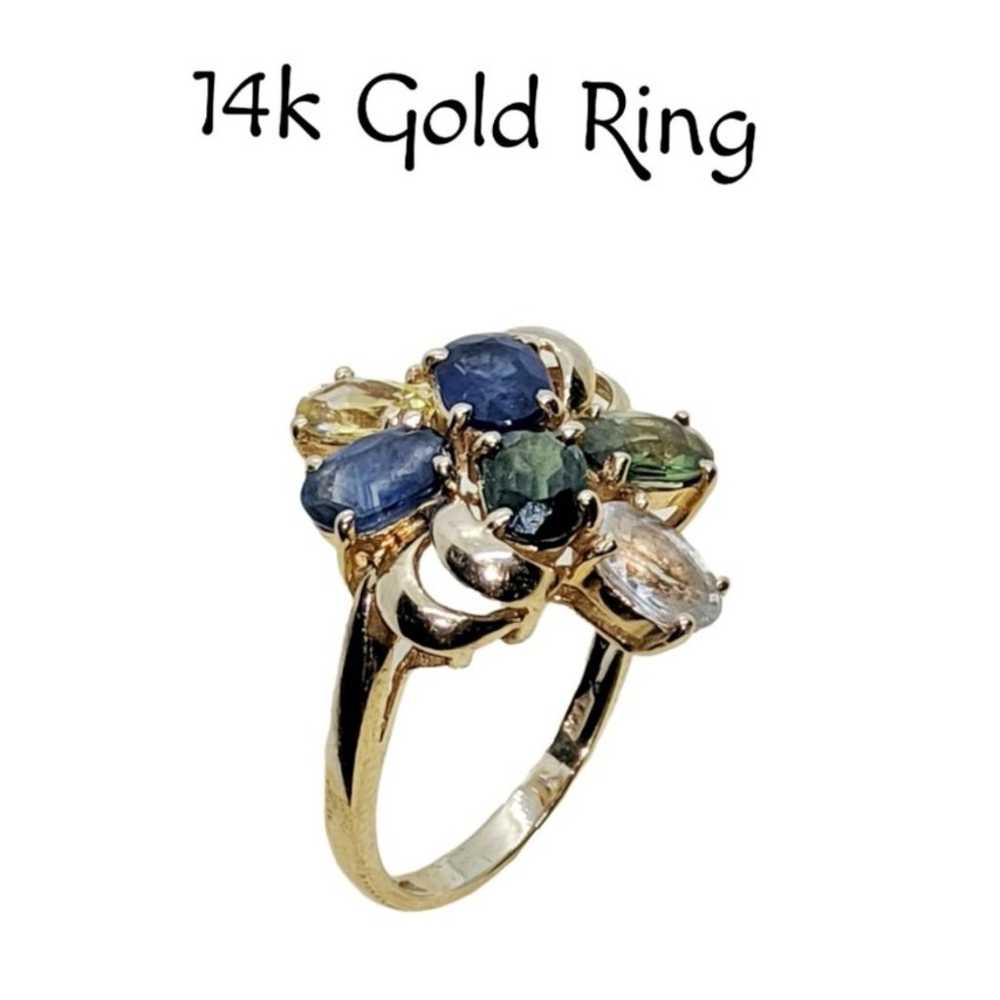 14k Gold ~ Asymmetrical Ring with Peridot, Sapphi… - image 2