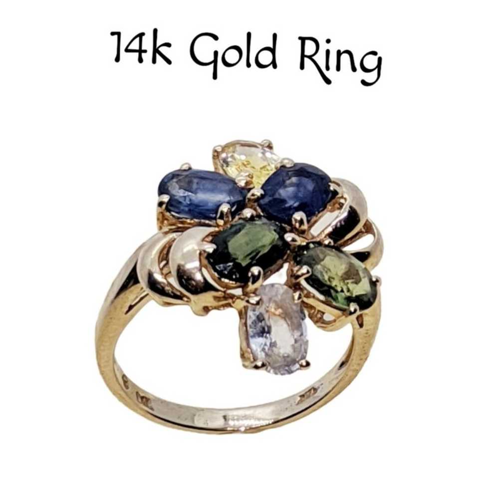 14k Gold ~ Asymmetrical Ring with Peridot, Sapphi… - image 3