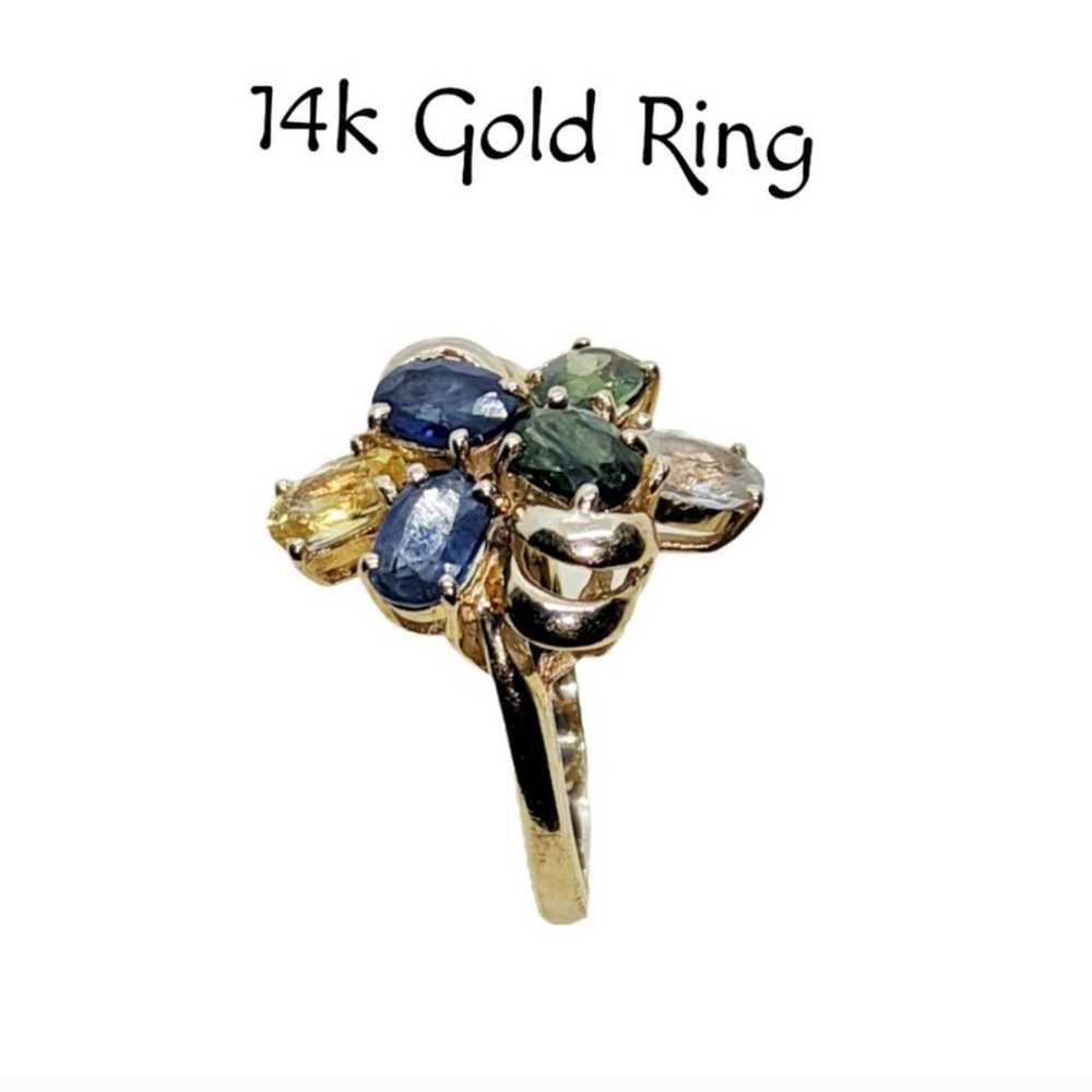 14k Gold ~ Asymmetrical Ring with Peridot, Sapphi… - image 6