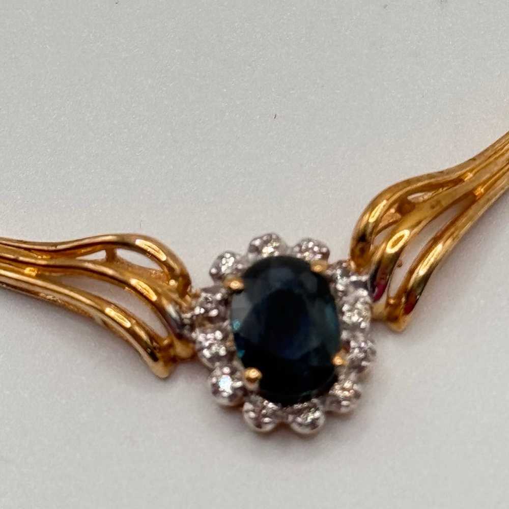 14k Gold Natural Sapphire & Diamond Halo Chain Ne… - image 3