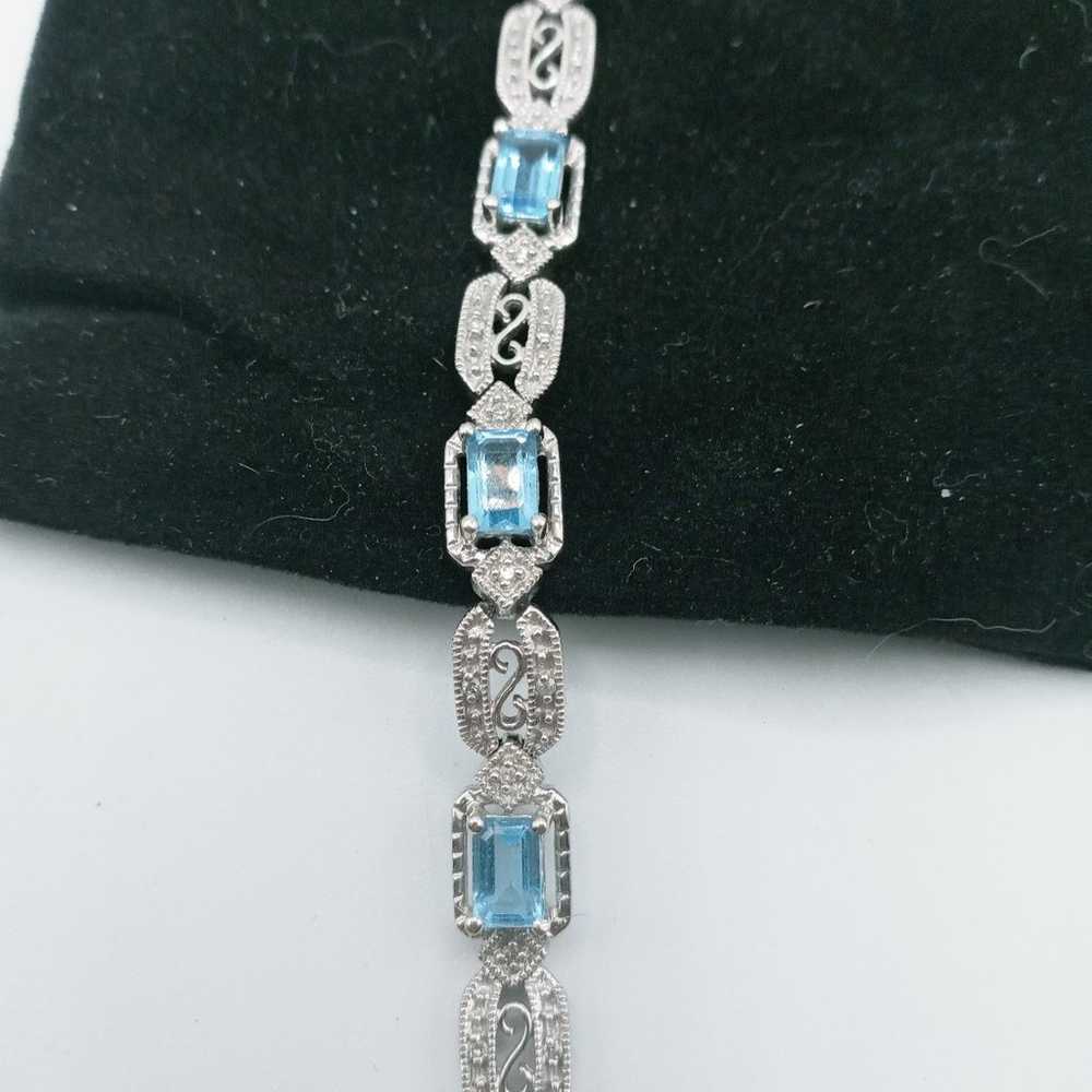 Vintage 10k white gold blue topaz diamond bracelet - image 2