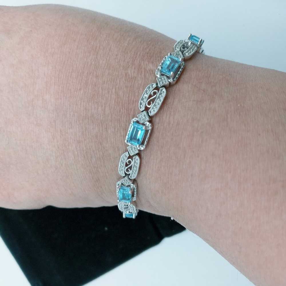 Vintage 10k white gold blue topaz diamond bracelet - image 4