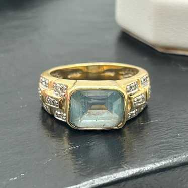 14K Yellow Gold Two Tone Aquamarine Diamond Ring