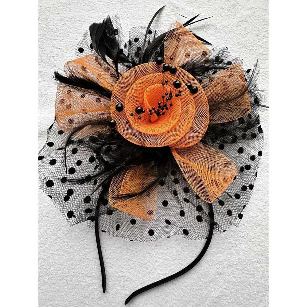 Orange/Black Feather Mesh Fascinator Hat Clip/Ban… - image 2