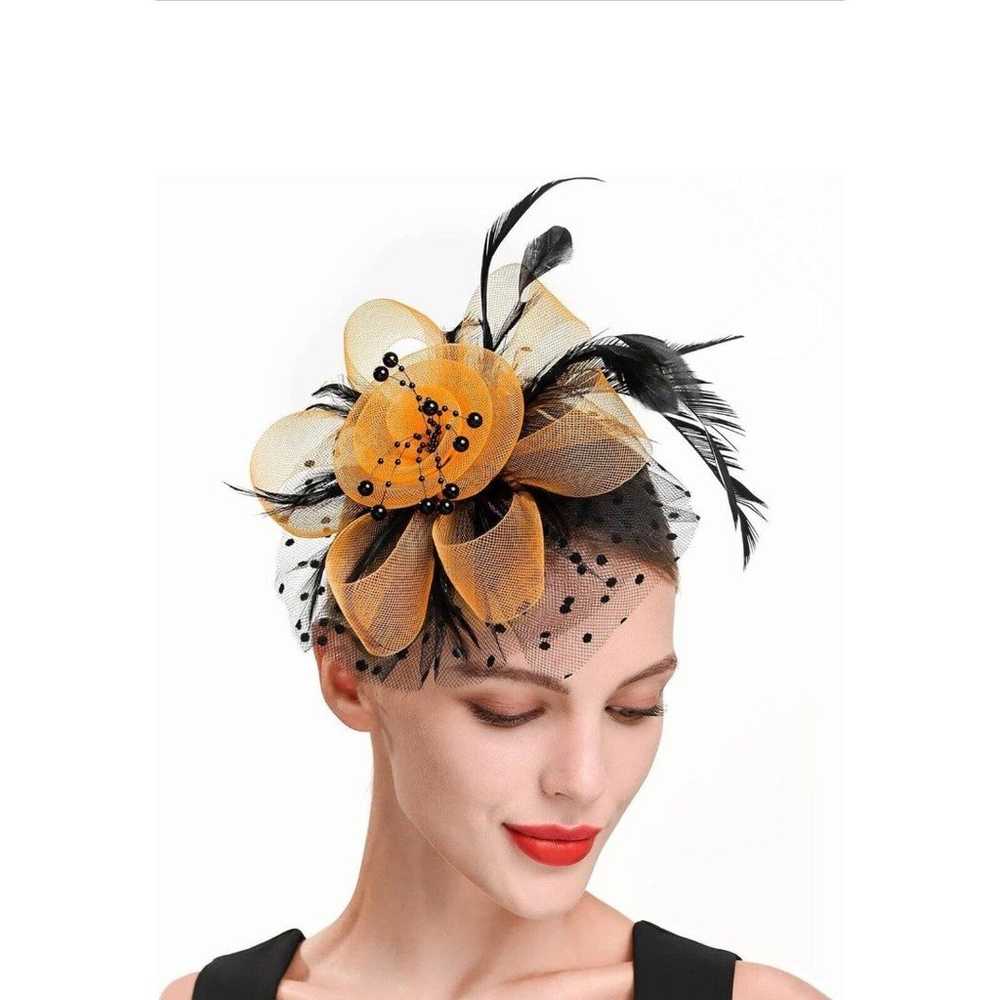 Orange/Black Feather Mesh Fascinator Hat Clip/Ban… - image 3