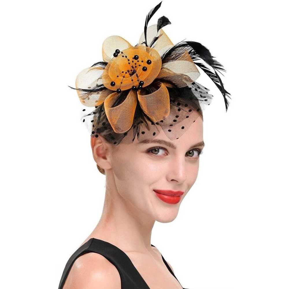 Orange/Black Feather Mesh Fascinator Hat Clip/Ban… - image 4