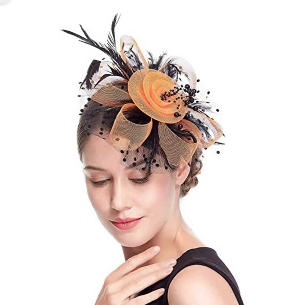 Orange/Black Feather Mesh Fascinator Hat Clip/Ban… - image 5