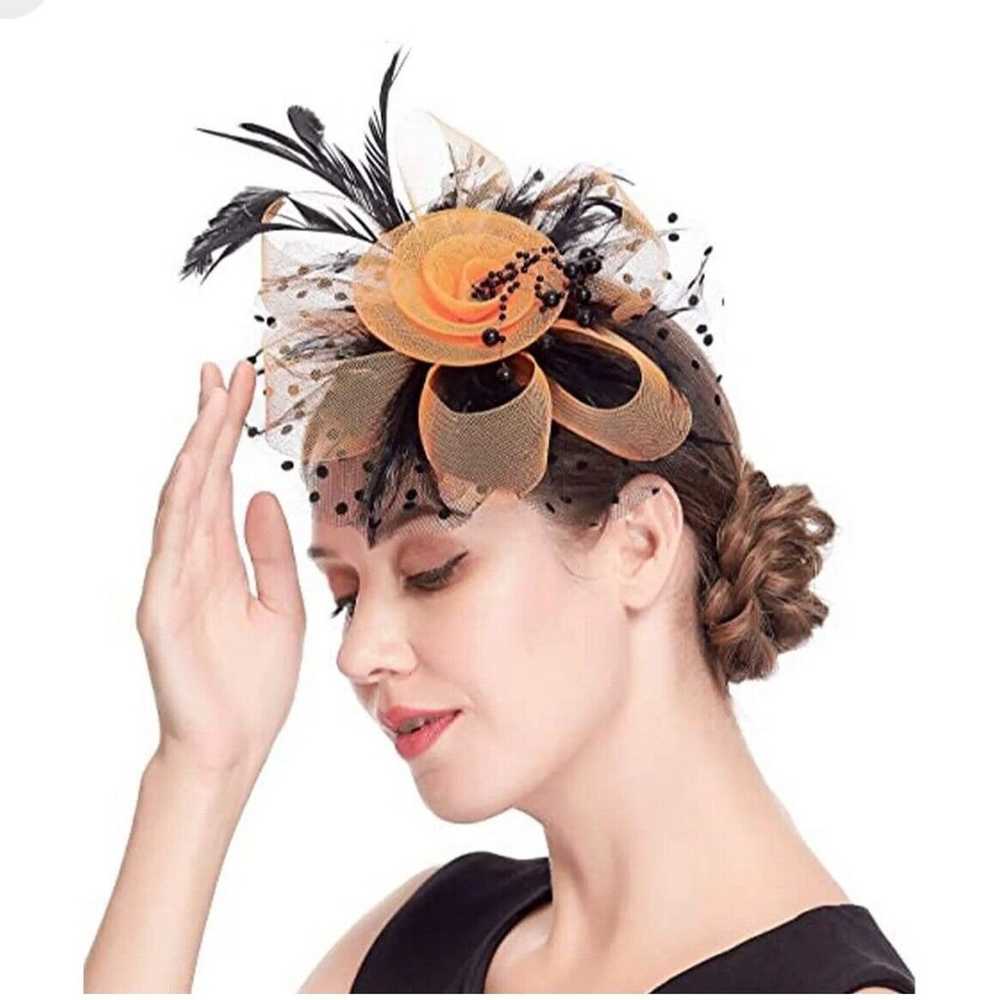 Orange/Black Feather Mesh Fascinator Hat Clip/Ban… - image 6