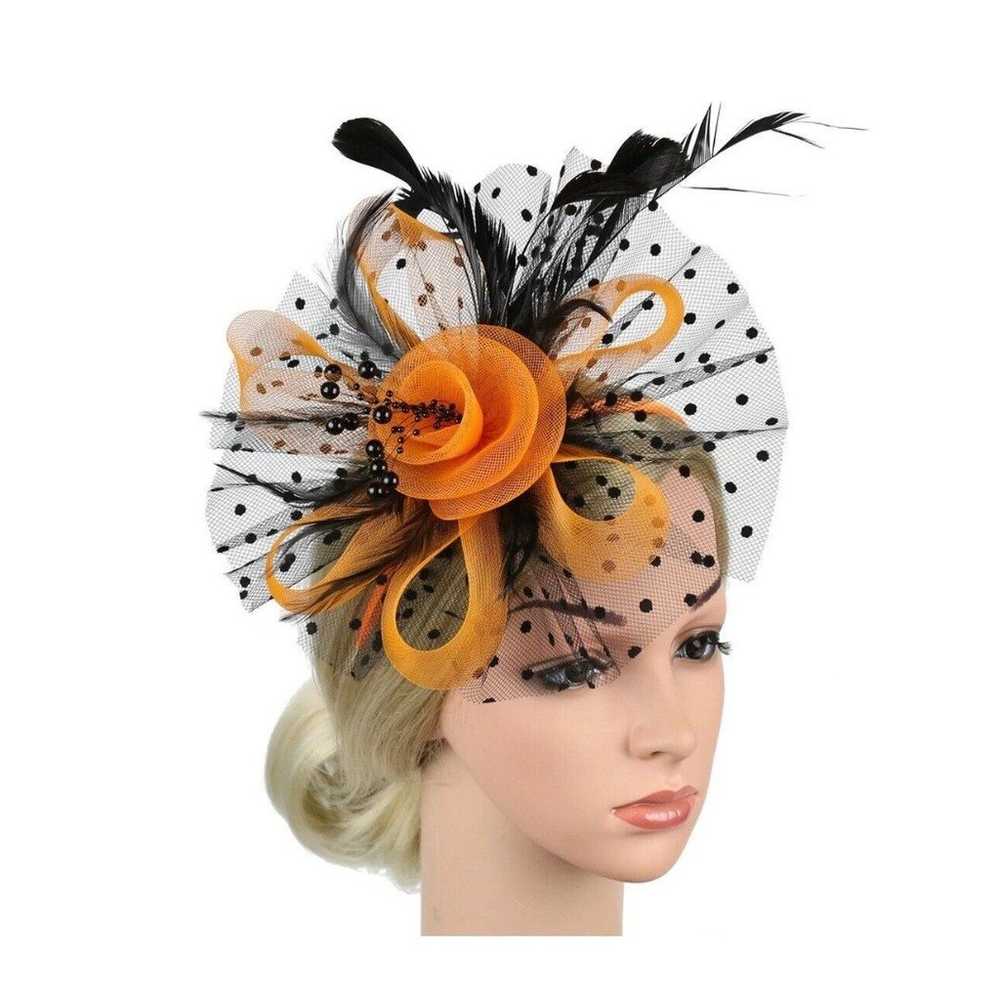 Orange/Black Feather Mesh Fascinator Hat Clip/Ban… - image 7