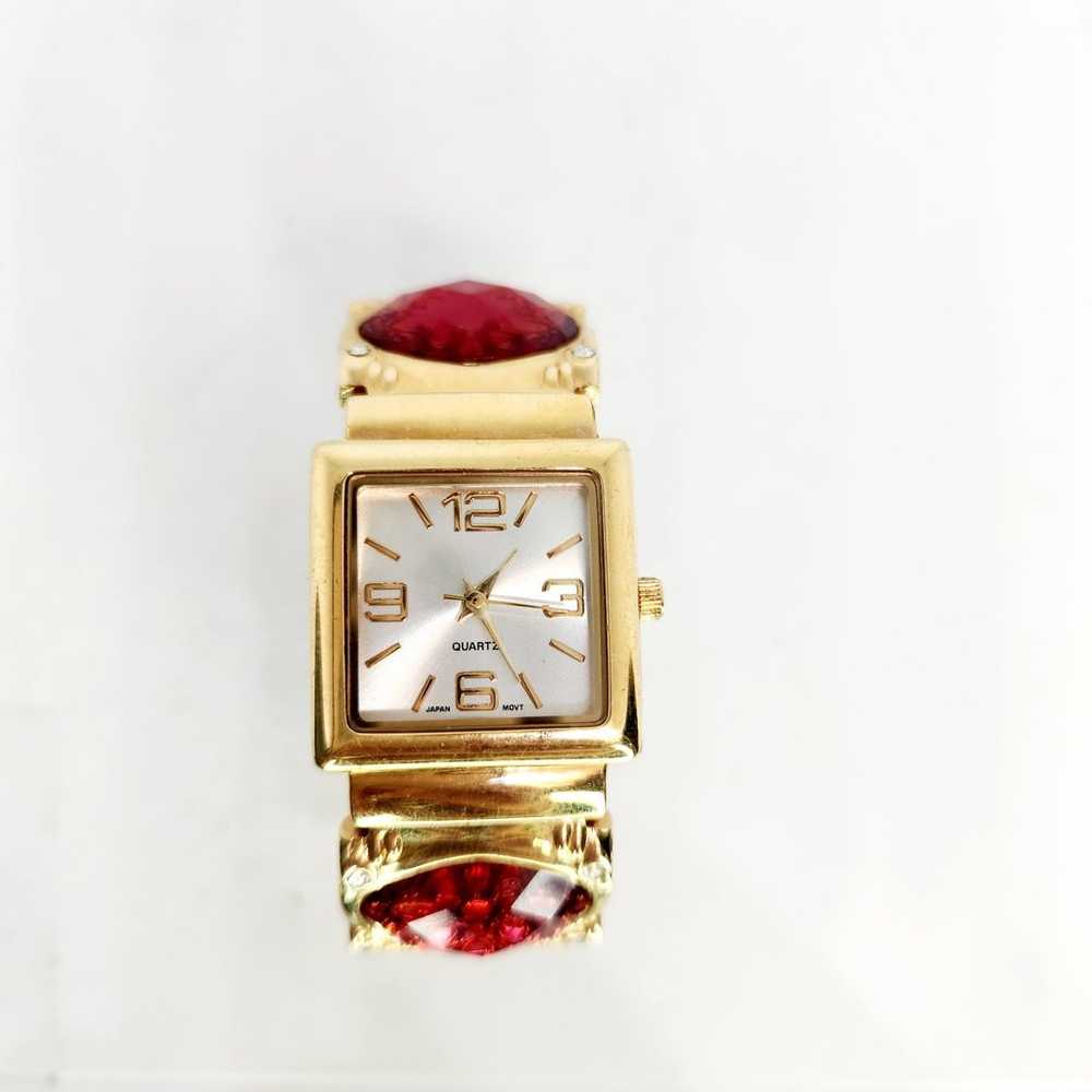 Vintage Avon Gold Tone Open Work Floral Red Gem V… - image 1