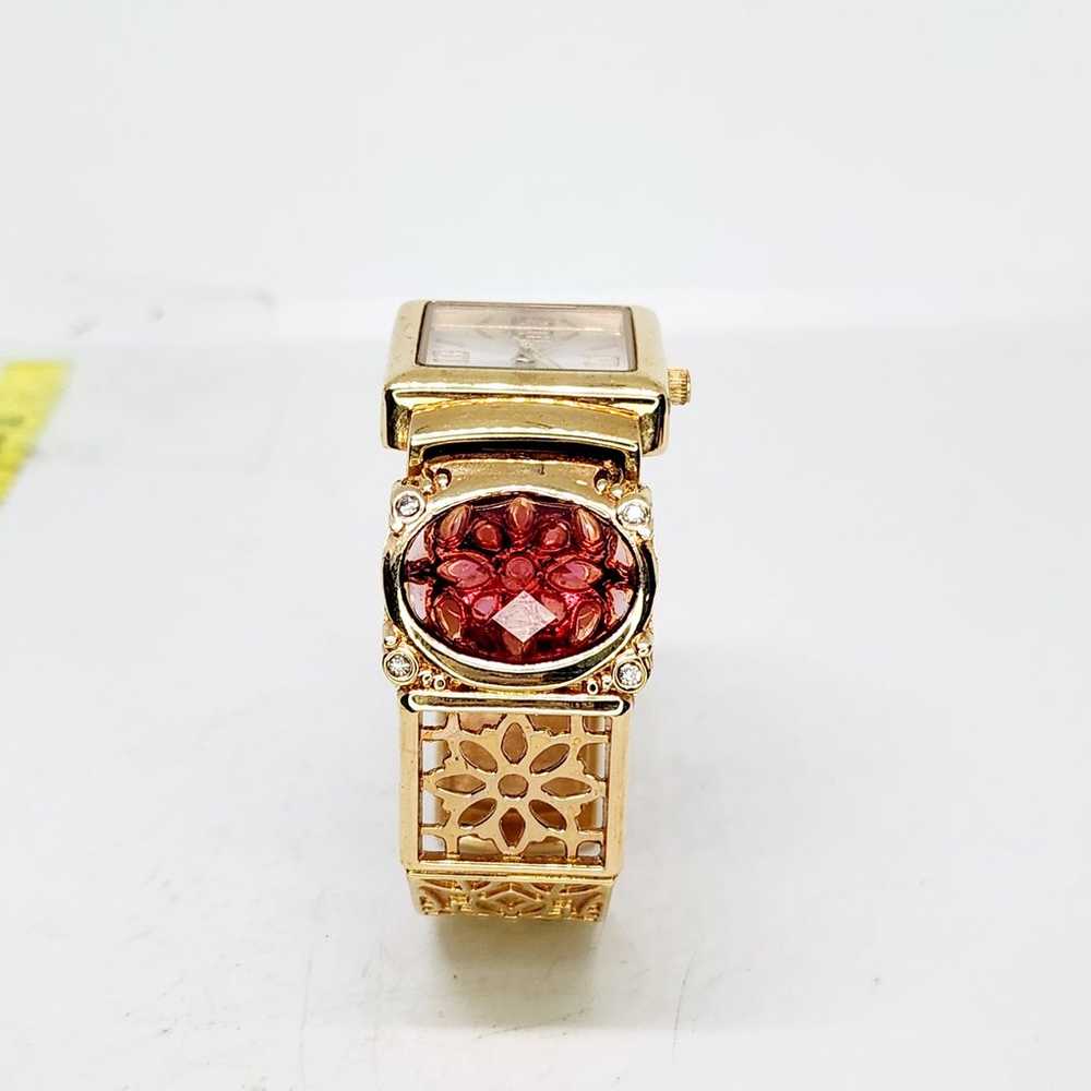 Vintage Avon Gold Tone Open Work Floral Red Gem V… - image 2