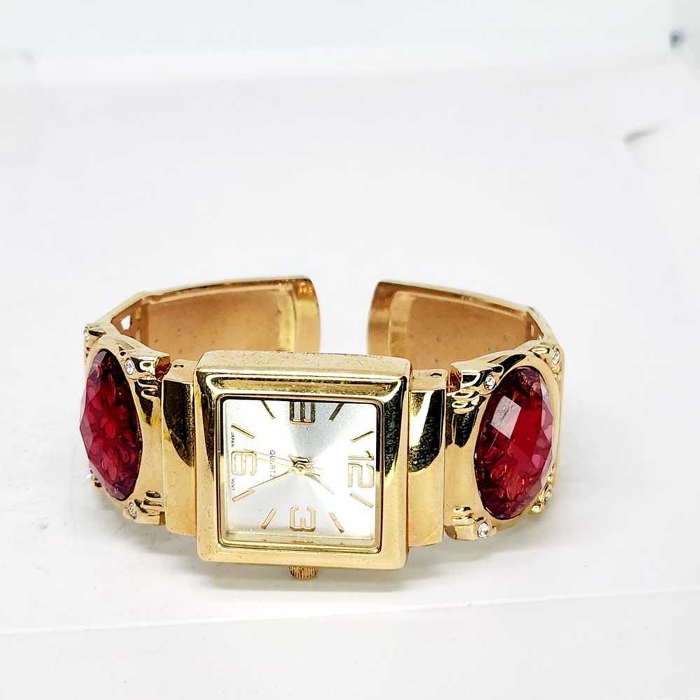 Vintage Avon Gold Tone Open Work Floral Red Gem V… - image 3