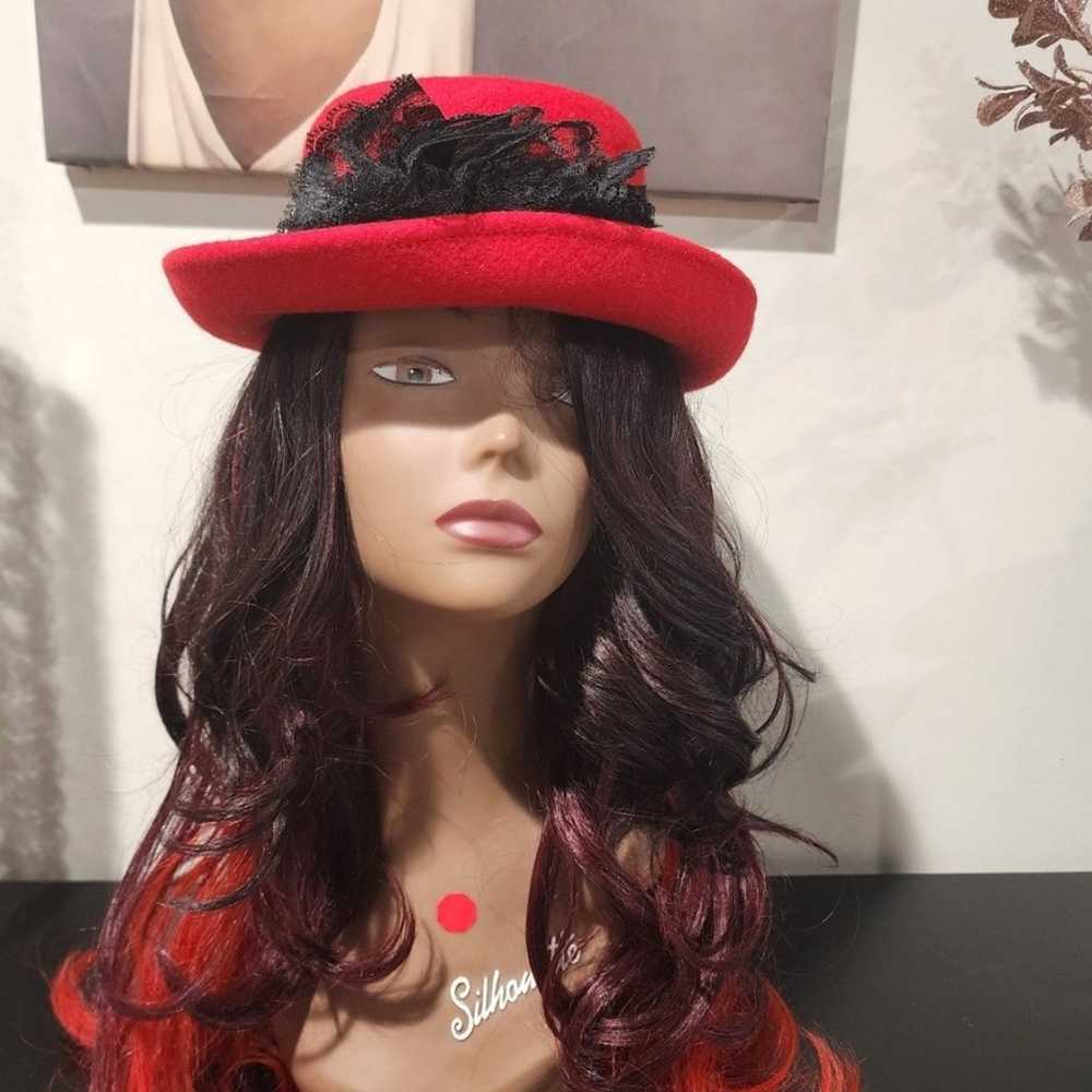 Vintage Red Top Hat with Black Lace Ribbon - image 1