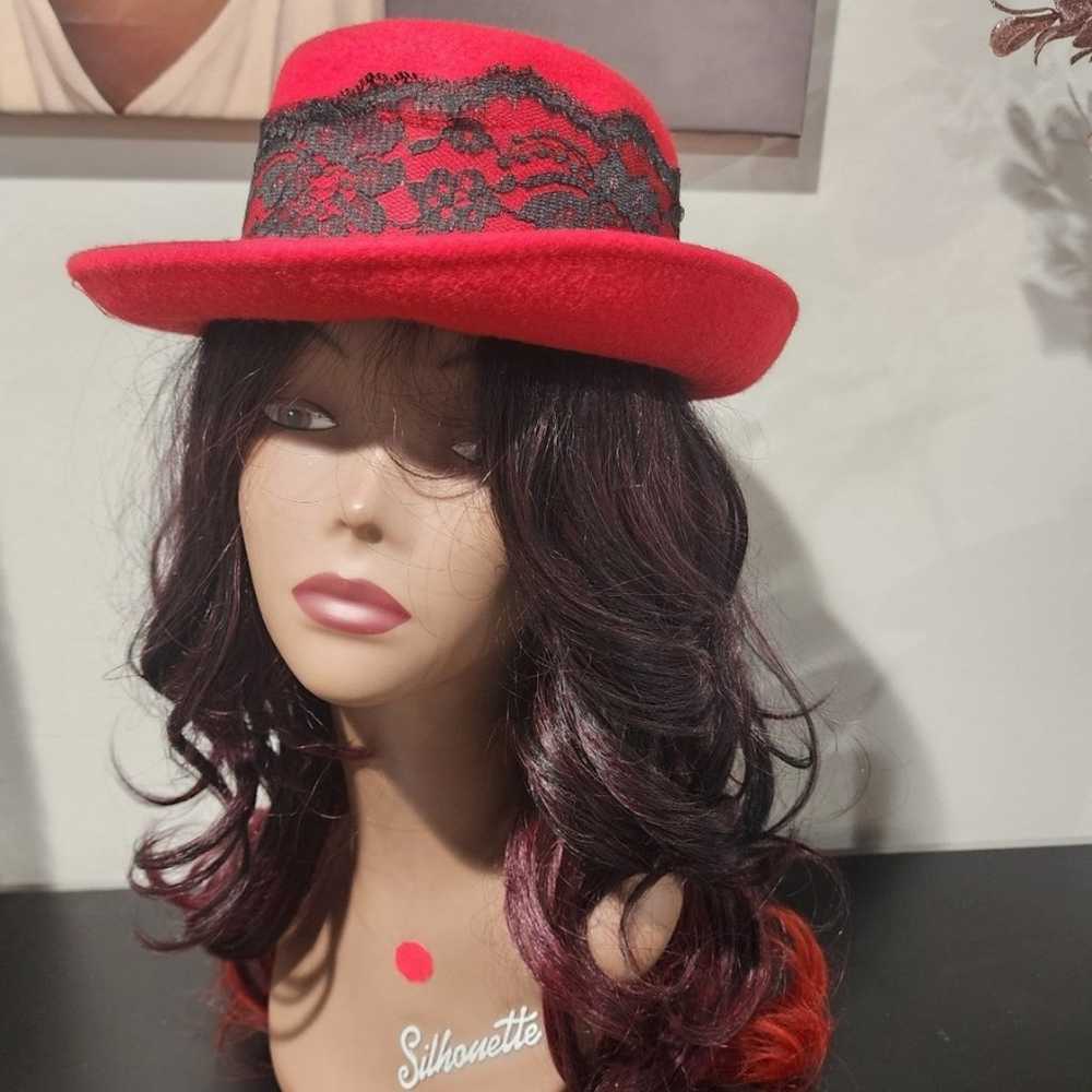 Vintage Red Top Hat with Black Lace Ribbon - image 2