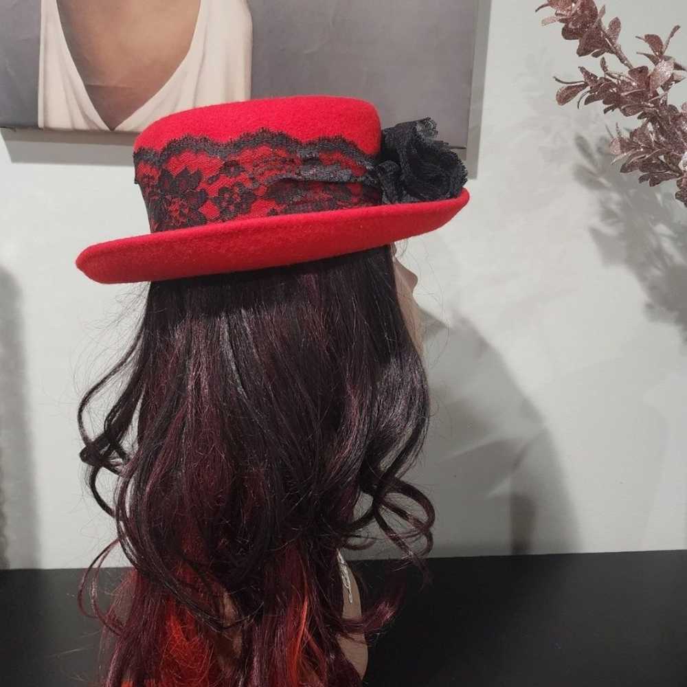 Vintage Red Top Hat with Black Lace Ribbon - image 4