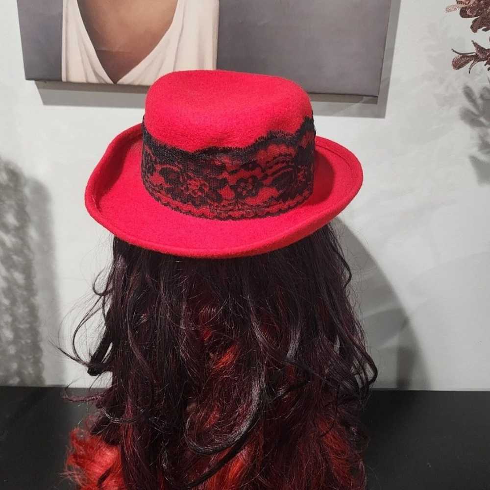 Vintage Red Top Hat with Black Lace Ribbon - image 6