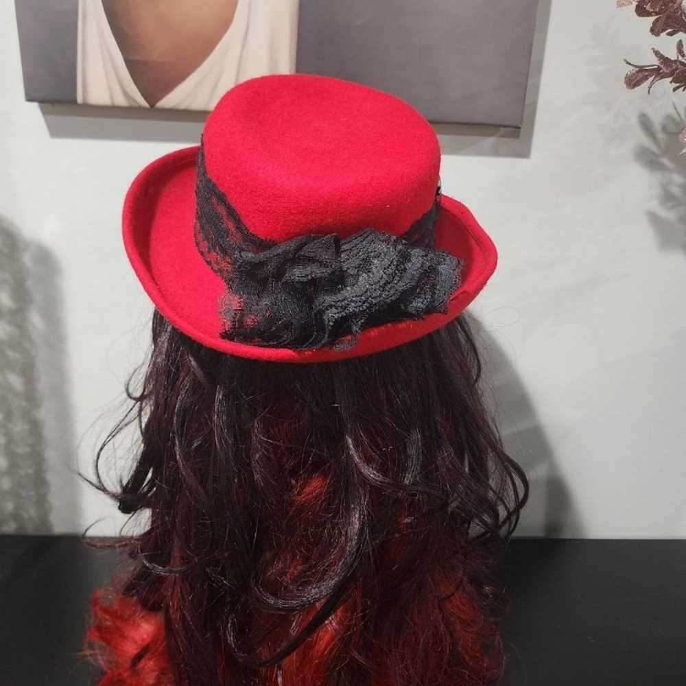 Vintage Red Top Hat with Black Lace Ribbon - image 7