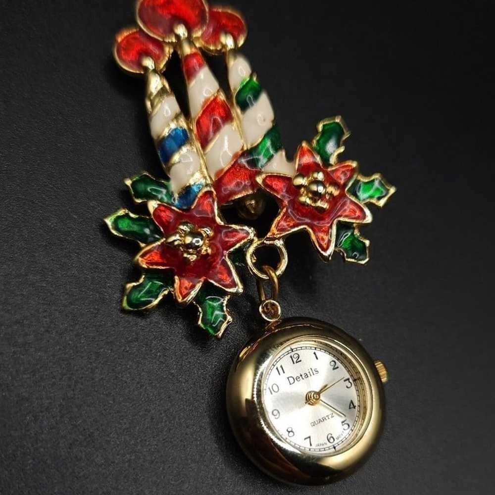 Vintage Christmas Candle Poinsettia Watch Brooch - image 1