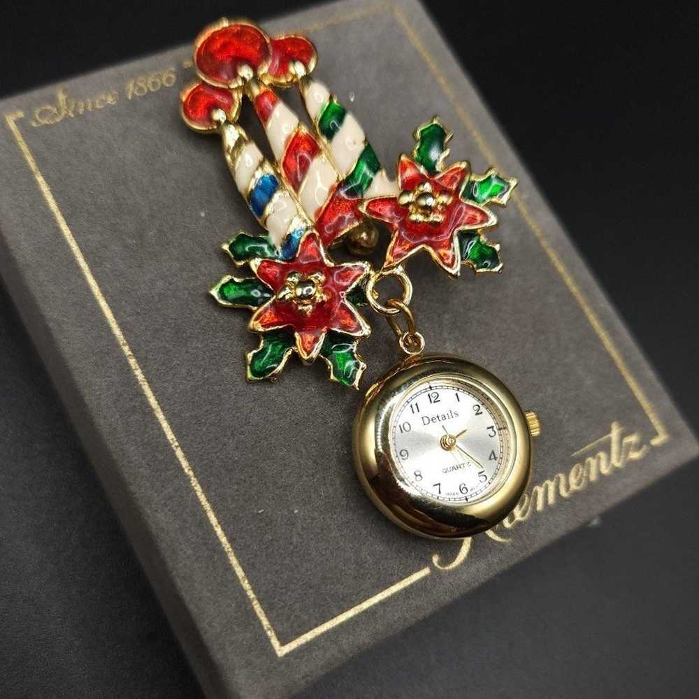 Vintage Christmas Candle Poinsettia Watch Brooch - image 3