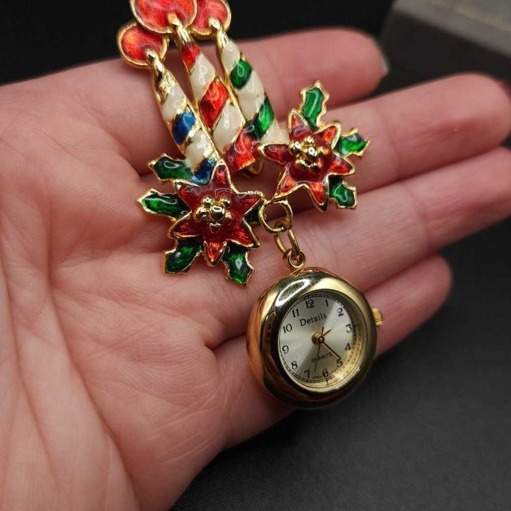 Vintage Christmas Candle Poinsettia Watch Brooch - image 4