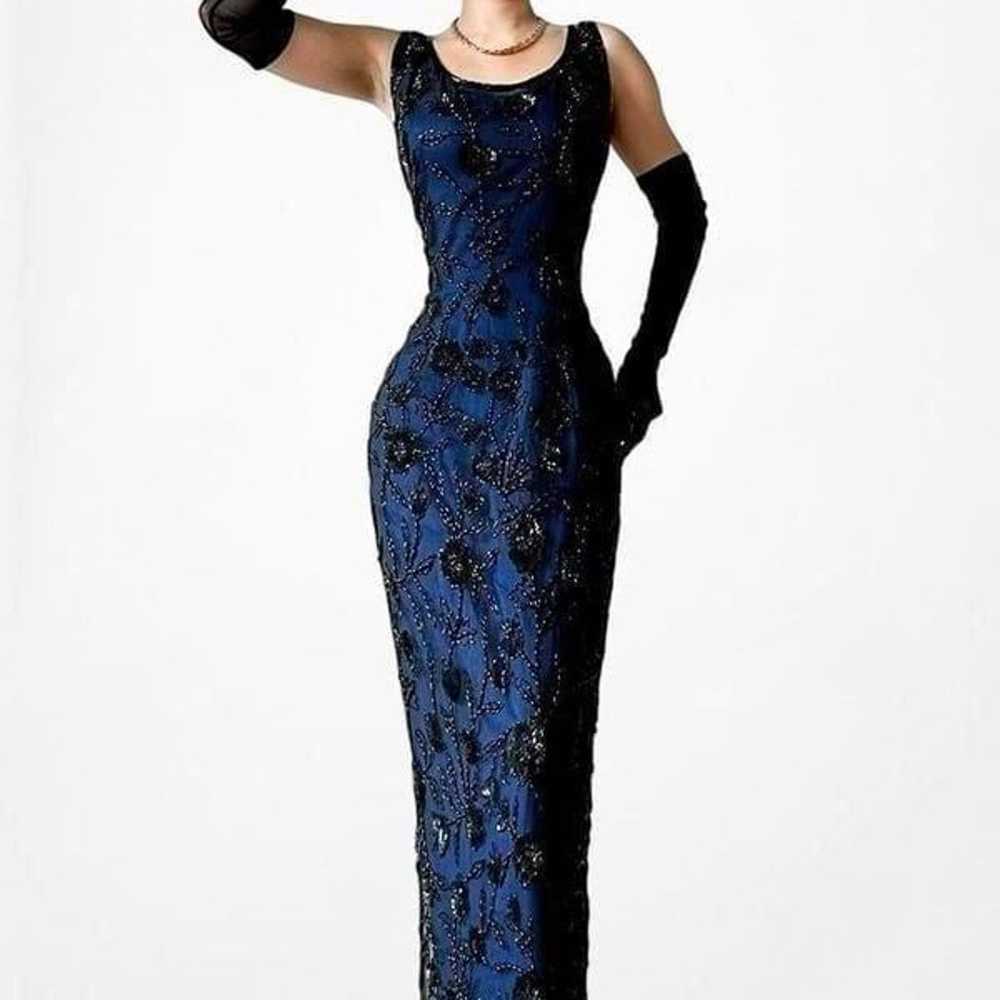 Vintage Blue Floral Beaded Silk Bodycon Maxi Form… - image 2