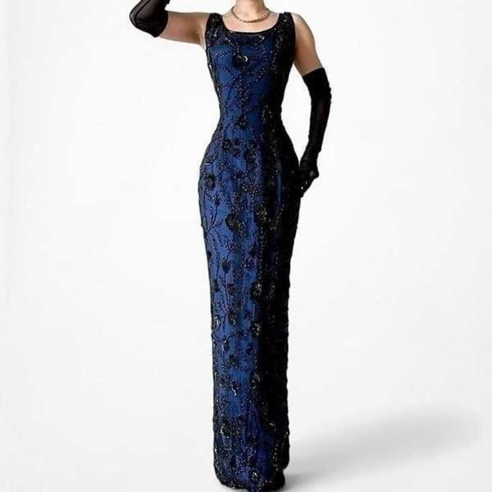 Vintage Blue Floral Beaded Silk Bodycon Maxi Form… - image 3