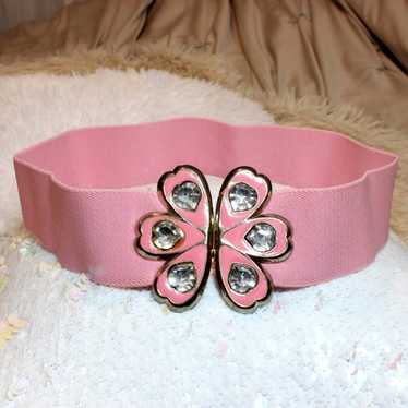 Vintage Flamingo Pink Flower Rhinestone Elastic B… - image 1