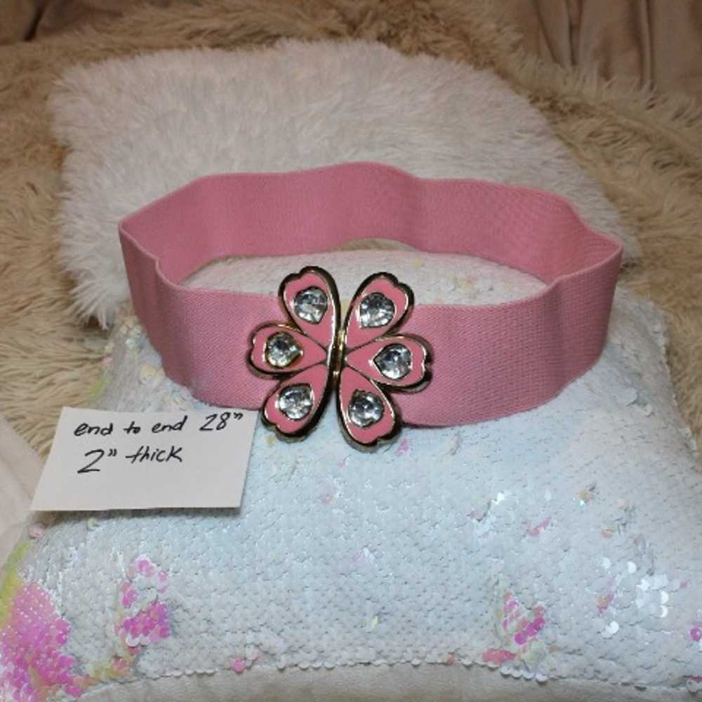 Vintage Flamingo Pink Flower Rhinestone Elastic B… - image 2