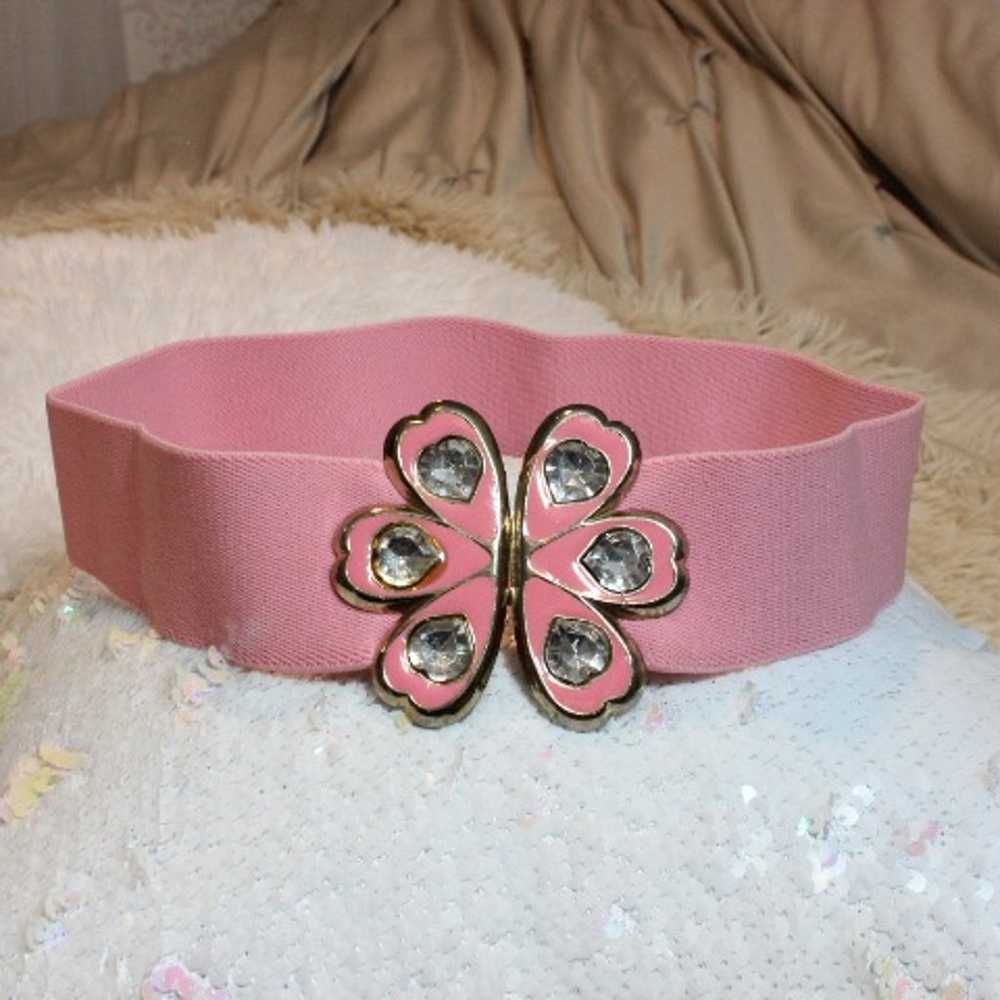 Vintage Flamingo Pink Flower Rhinestone Elastic B… - image 4