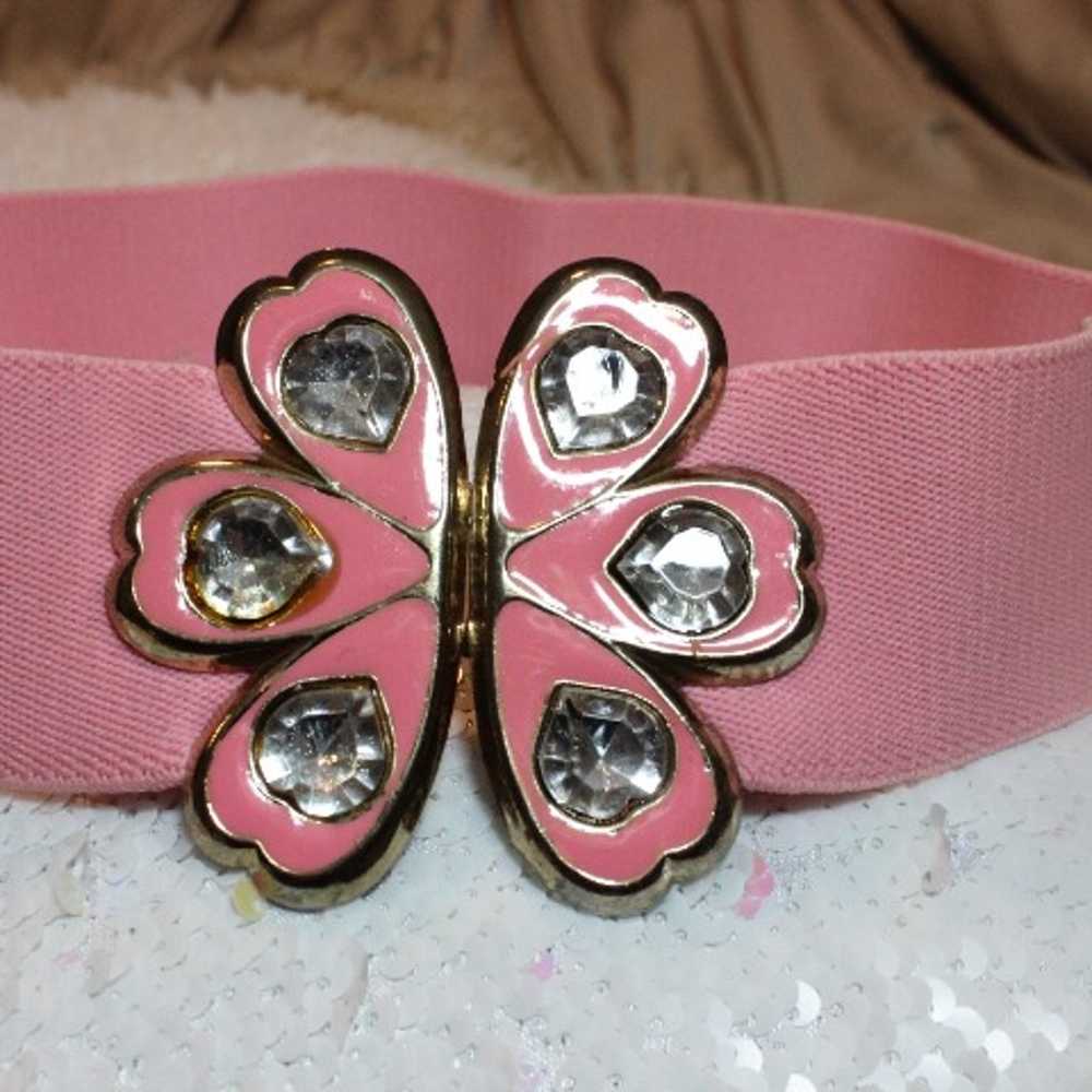 Vintage Flamingo Pink Flower Rhinestone Elastic B… - image 5