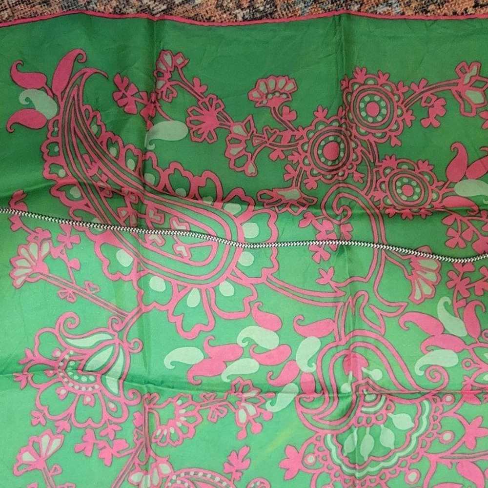 Vintage Pink Green Silk Scarf 23" Sq - image 3