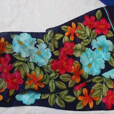 VTG ECHO SCARF SILK FLORAL 53"x10" BLUE PINK RECT… - image 1