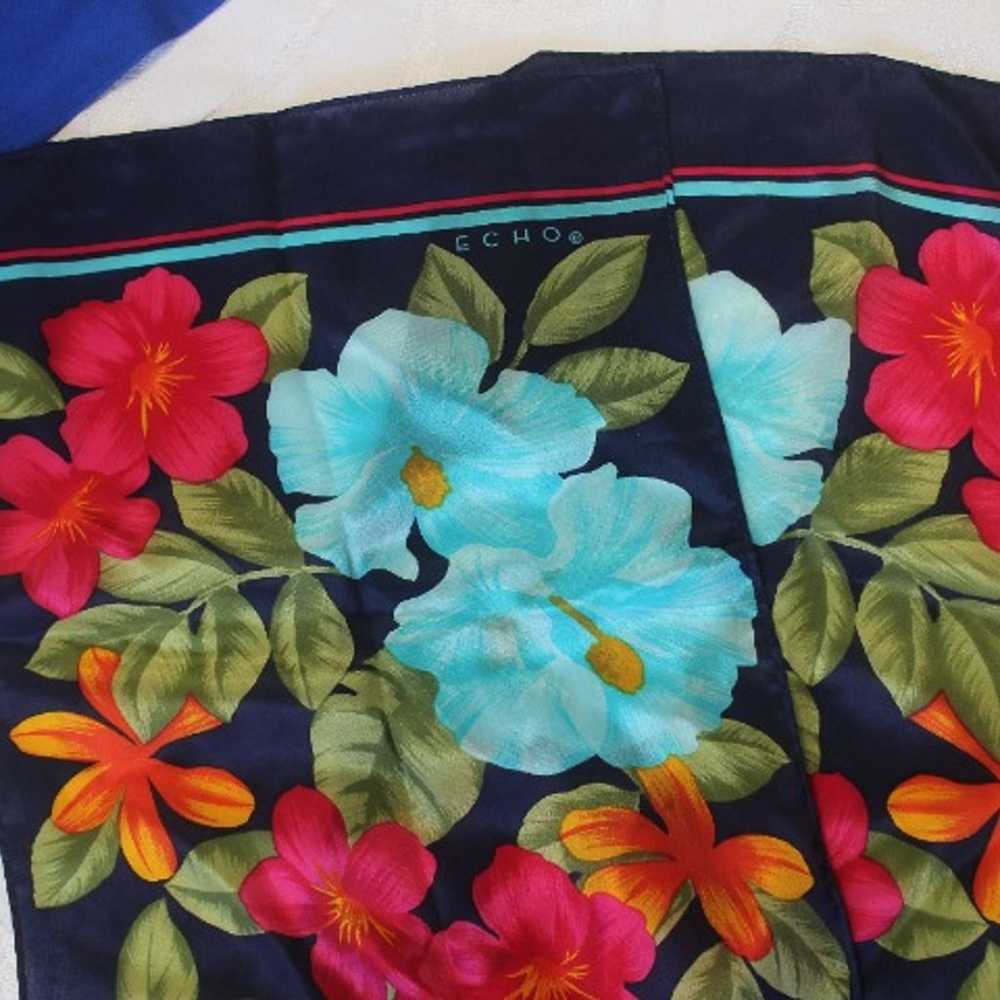 VTG ECHO SCARF SILK FLORAL 53"x10" BLUE PINK RECT… - image 3