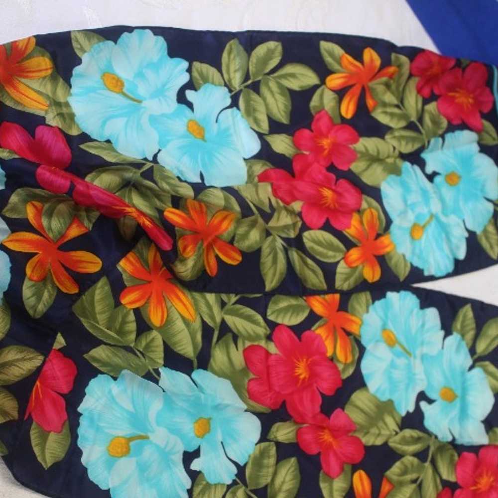 VTG ECHO SCARF SILK FLORAL 53"x10" BLUE PINK RECT… - image 6