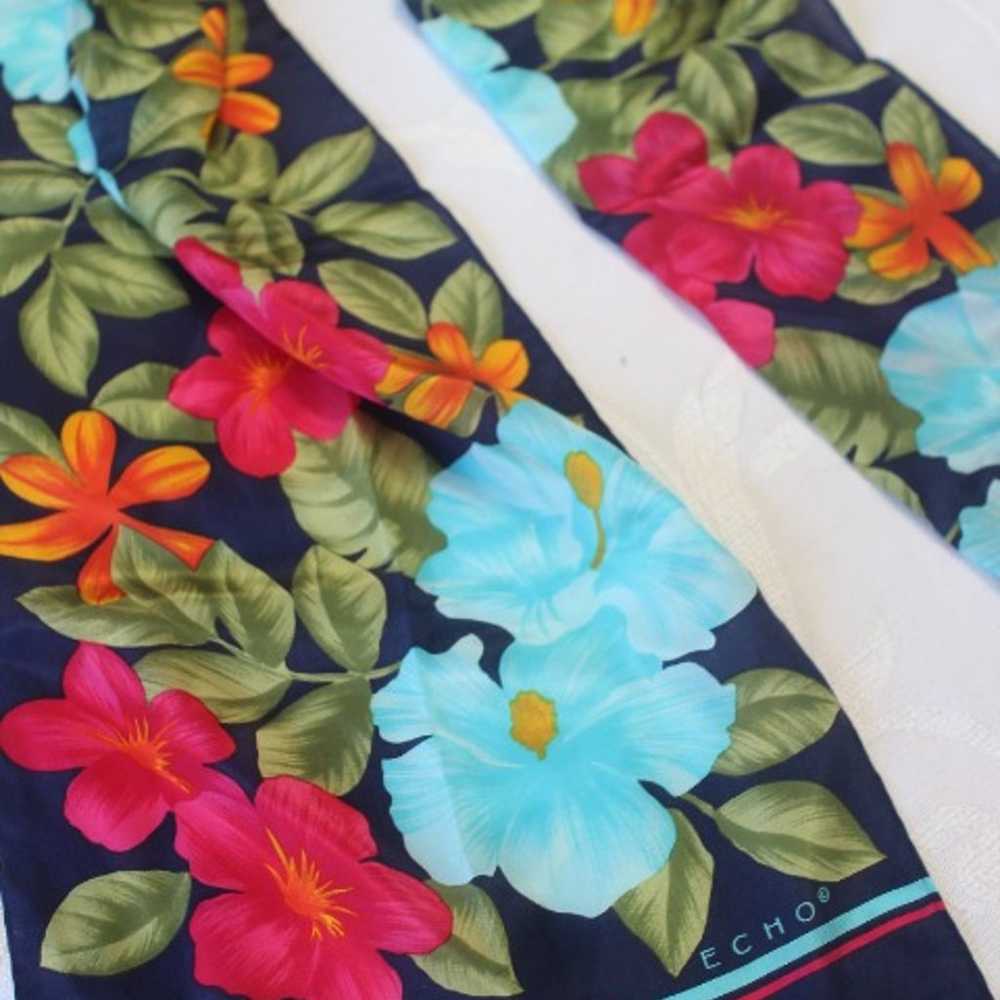 VTG ECHO SCARF SILK FLORAL 53"x10" BLUE PINK RECT… - image 7