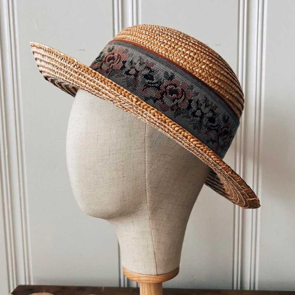 Vintage Straw Hat with Needlepoint Embroidery Rib… - image 1