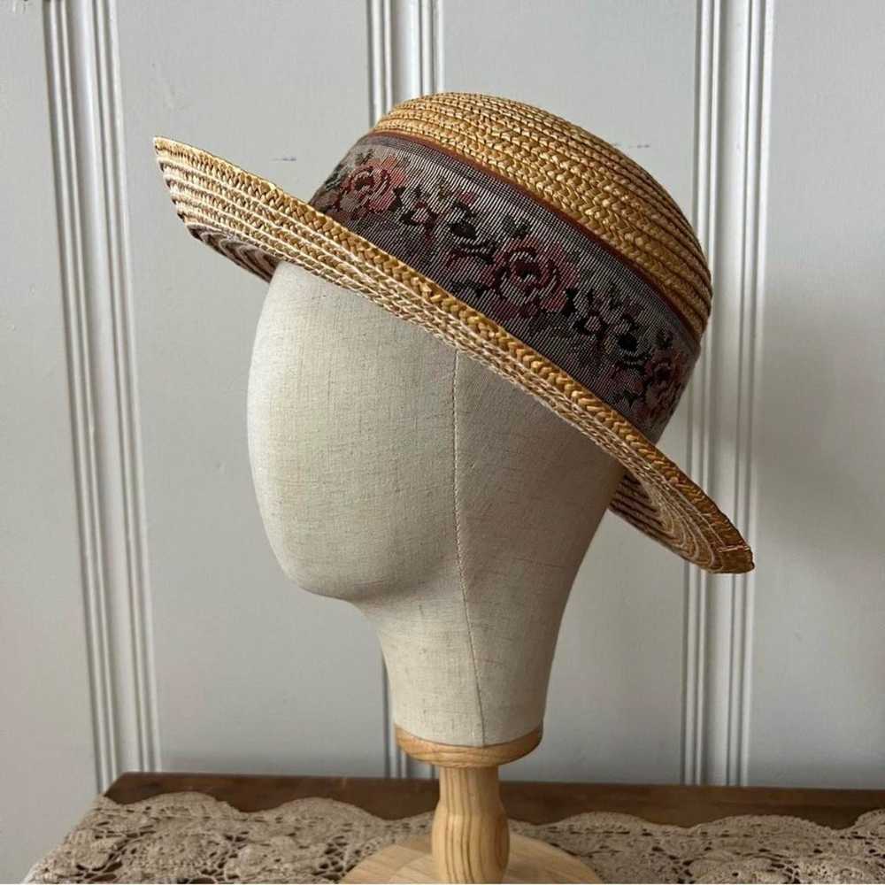 Vintage Straw Hat with Needlepoint Embroidery Rib… - image 2