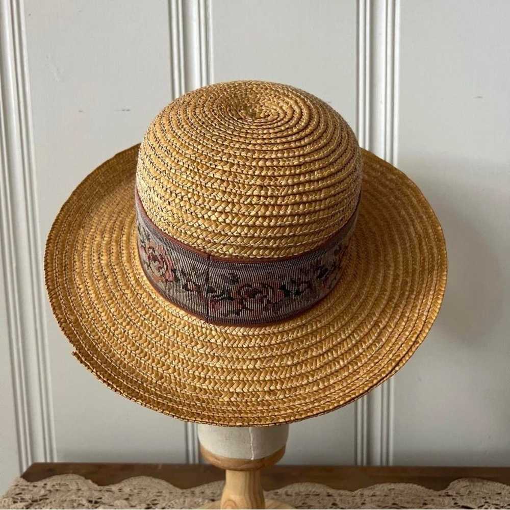 Vintage Straw Hat with Needlepoint Embroidery Rib… - image 3