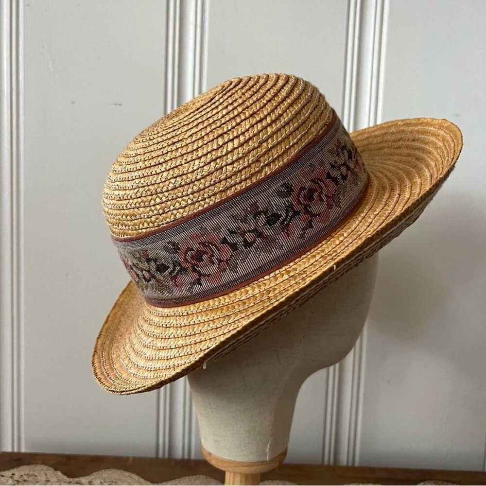 Vintage Straw Hat with Needlepoint Embroidery Rib… - image 4