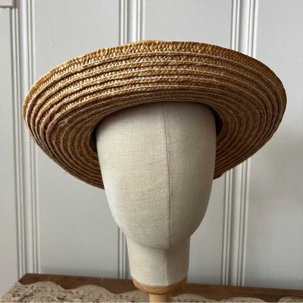 Vintage Straw Hat with Needlepoint Embroidery Rib… - image 5