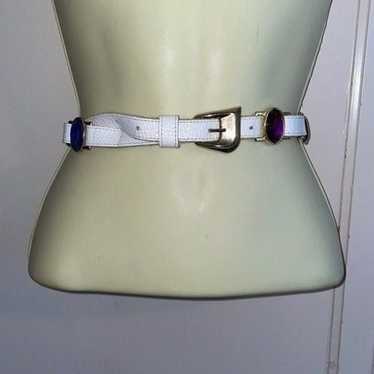 Vtg 70s/80s white leather belt with multi colored… - image 1