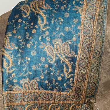 Vintage Turquoise Paisley Brocade Pashmina Scarf … - image 1